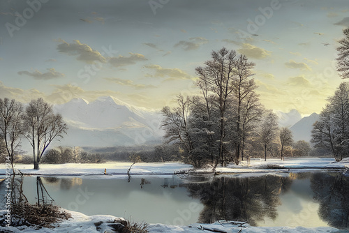 schneebedeckte Landschaft mit See und Bergen im Hintergrund, Sonnenaufgang, Ai generiert