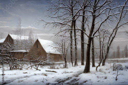 schneebedeckte Winterlandschaft mit Gehöft, Ai Generiert