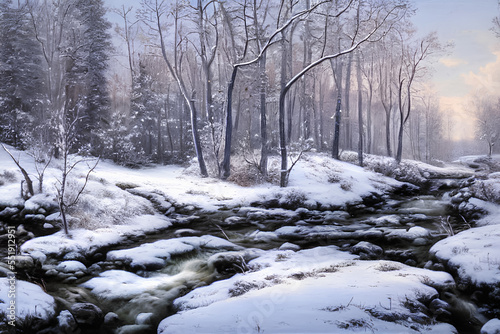 Wald im Winter mit Bach, Ai Generiert