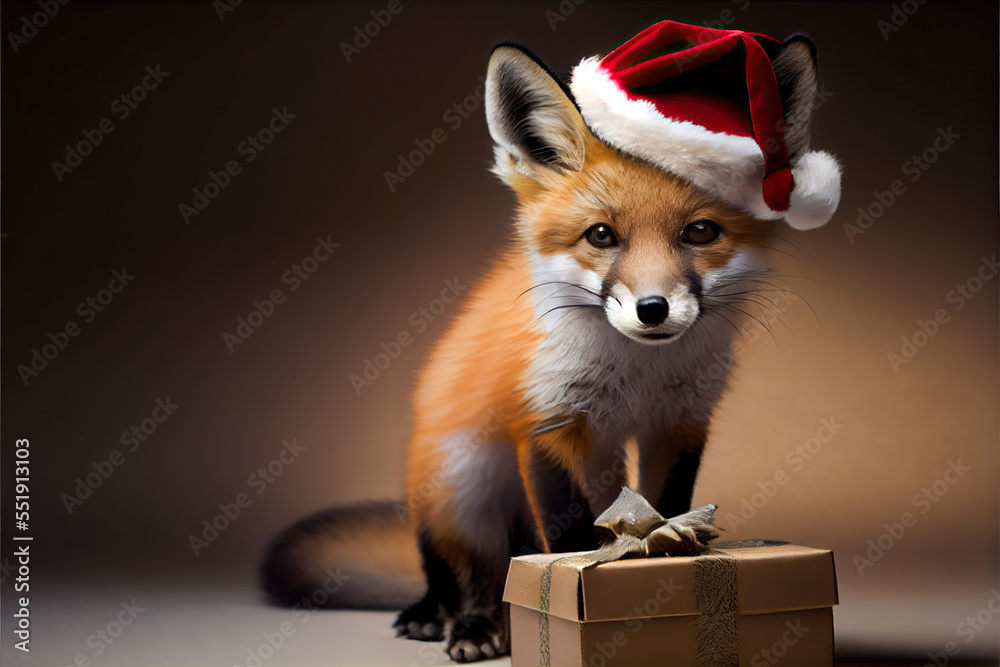 Obraz premium red fox in santa hat with a christmas gift