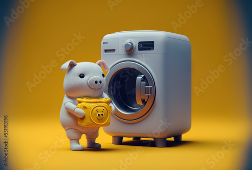 On a yellow background, a contemporary white washing machine figure mascot holds a piggy bank and a golden dollar coin. Generative AI
