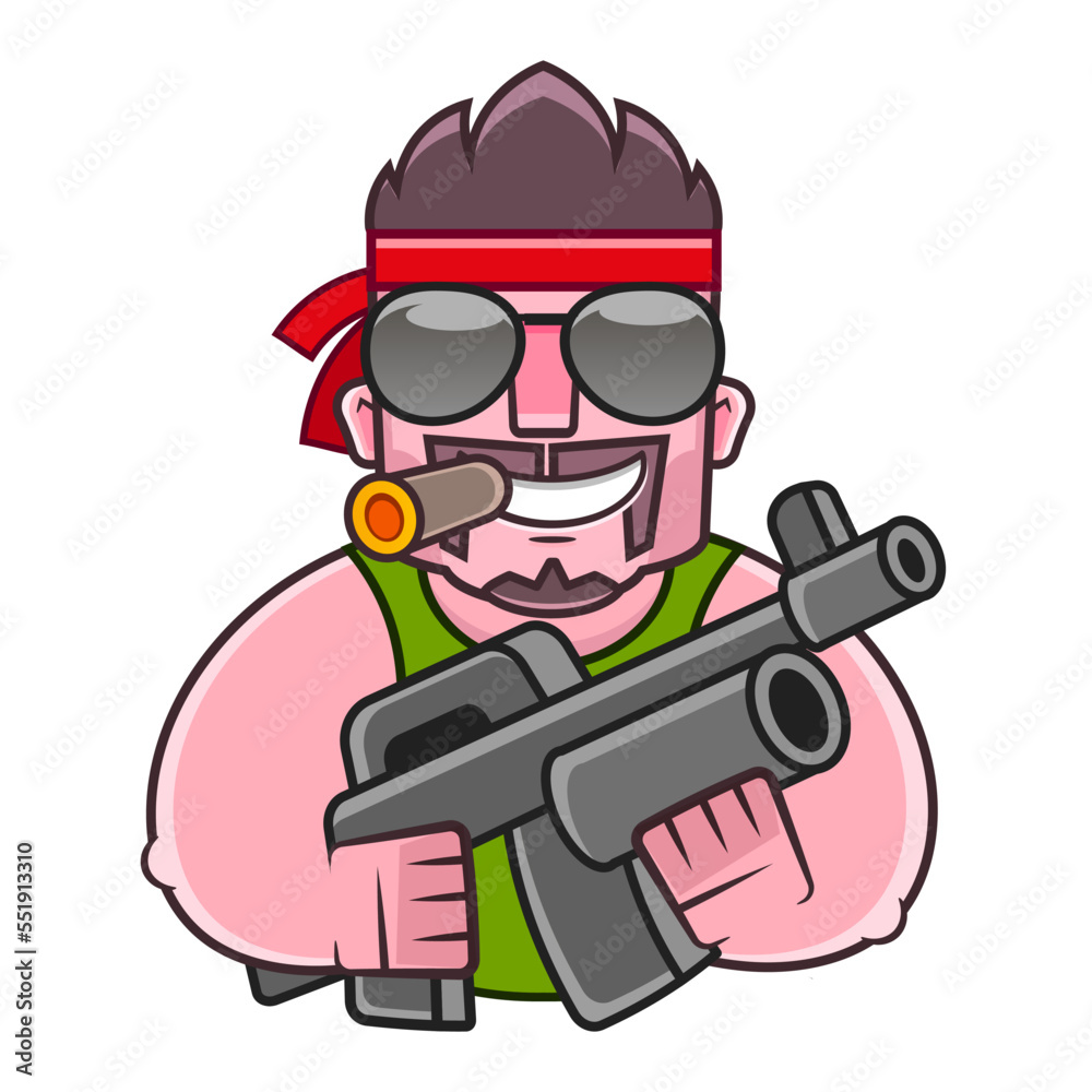Obraz premium Man in military clothes on a background of green leaves with a weapon. Young man in an army soldier s suit. Vector