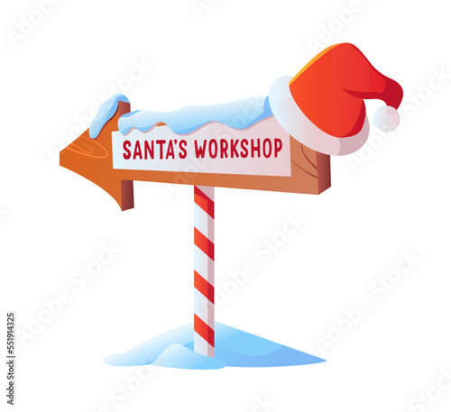 Wooden winter Christmas Santa's workshop sign isolated on white background. North Pole. Cute vector illustration in cartoon style.