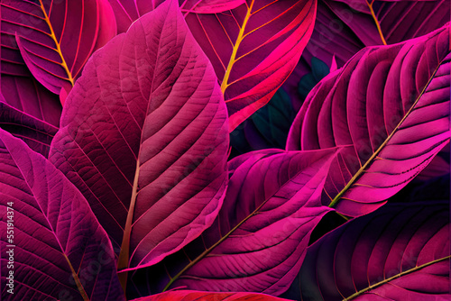 Colorful vintage leaves organic background, trending viva magenta shades color, illustration photo