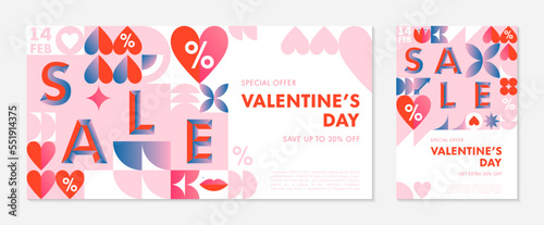Set of Valentines Day sale banner templates.Special offer layouts in bauhaus style with geometric elements and symbols.Trendy designs for flyers,ads,vouchers,promo offers.Vector Valentines marketing.