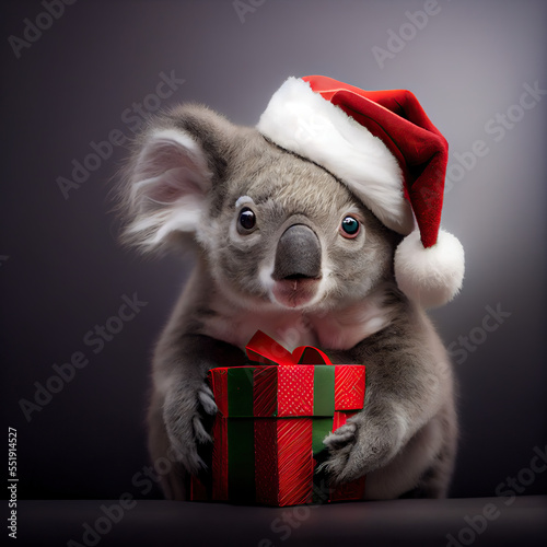 koala bear in santa claus hat with christmas gift