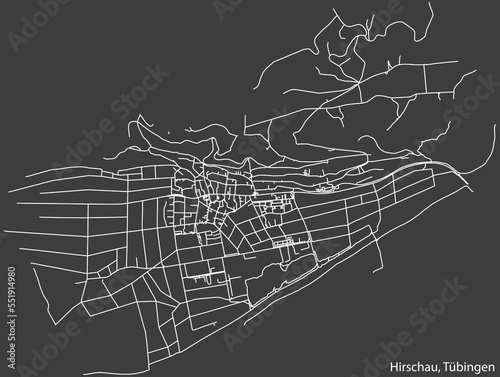 Detailed negative navigation white lines urban street roads map of the HIRSCHAU DISTRICT of the German town of TÜBINGEN, Germany on dark gray background photo