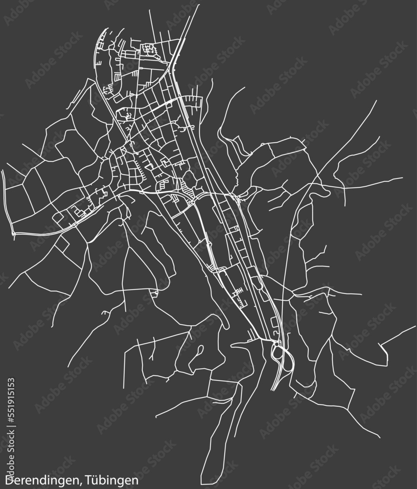 Detailed negative navigation white lines urban street roads map of the DERENDINGEN DISTRICT of the German town of TÜBINGEN, Germany on dark gray background