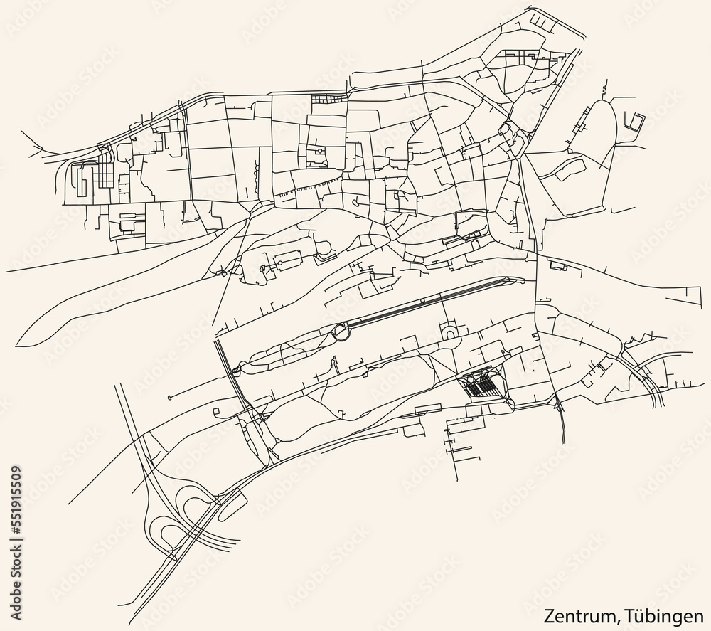 Detailed navigation black lines urban street roads map of the ZENTRUM DISTRICT of the German town of TÜBINGEN, Germany on vintage beige background