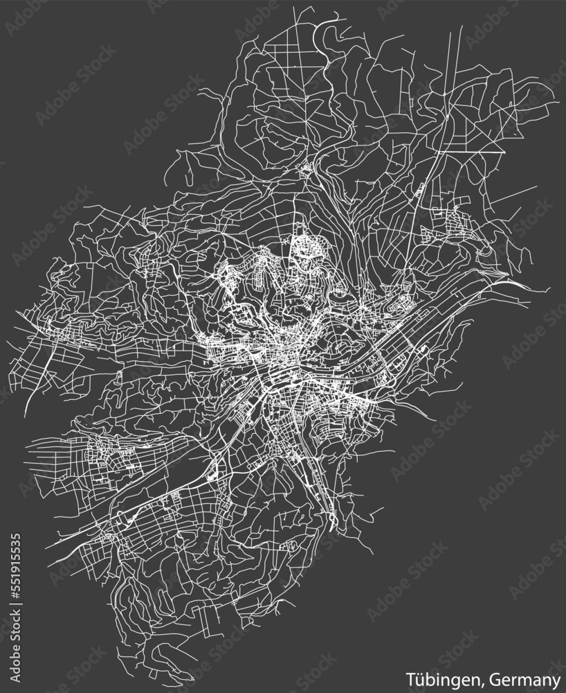Detailed negative navigation white lines urban street roads map of the German town of TÜBINGEN, GERMANY on dark gray background