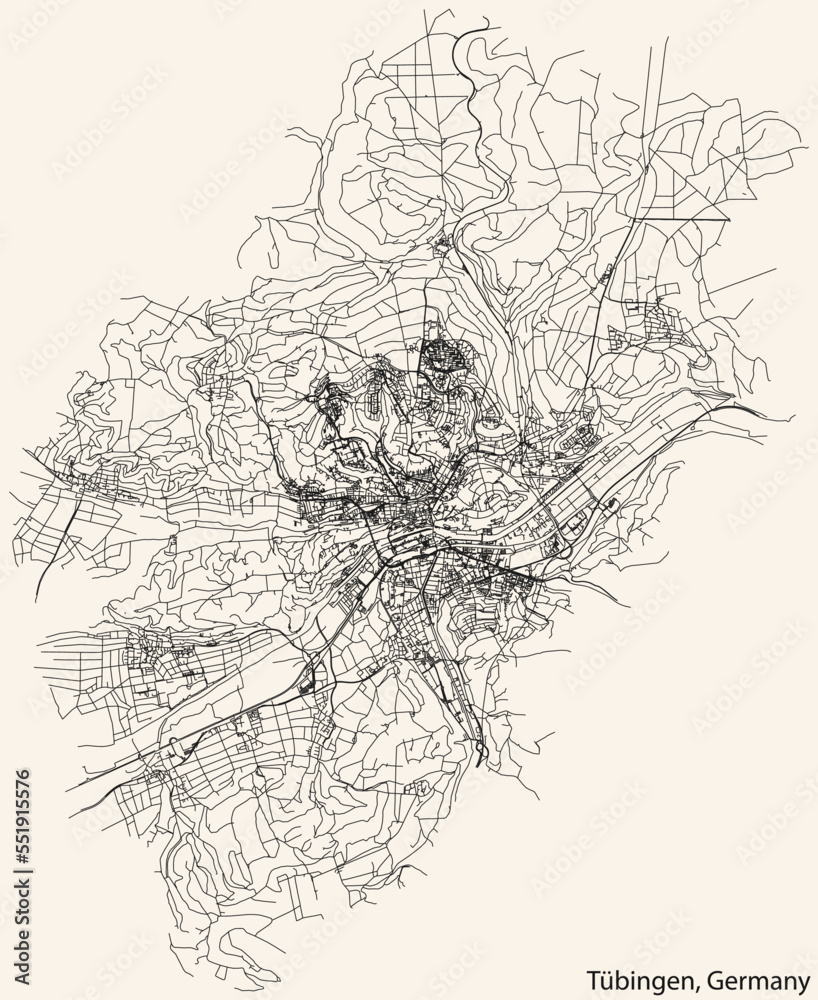 Detailed navigation black lines urban street roads map of the German town of TÜBINGEN, GERMANY on vintage beige background