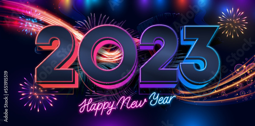 Set of happy new year and merry Christmas 2023. 2023 new year with 3D number on purple background with fireworks