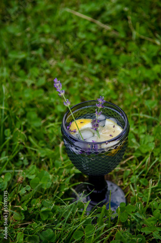 Big fancy blue glass filled with tea cocktail, lavender sprigs, ice and lemon on green grass in summer garden