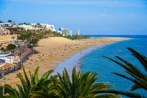 Palm trees in front of the Playa del Matorral (Matorral Beach) in the resort town of Morro Jable in the south of Fuerteventura in the Canary Islands, Spain photo