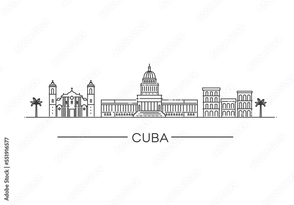 Cuba architecture line skyline illustration