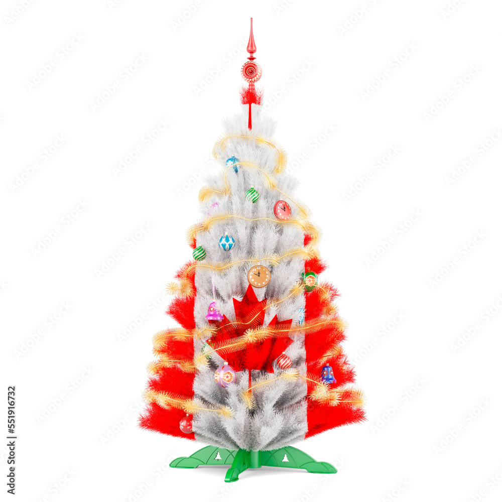 Canadian flag painted on the Christmas tree, 3D rendering Canadian flag painted on the Christmas tree, 3D rendering