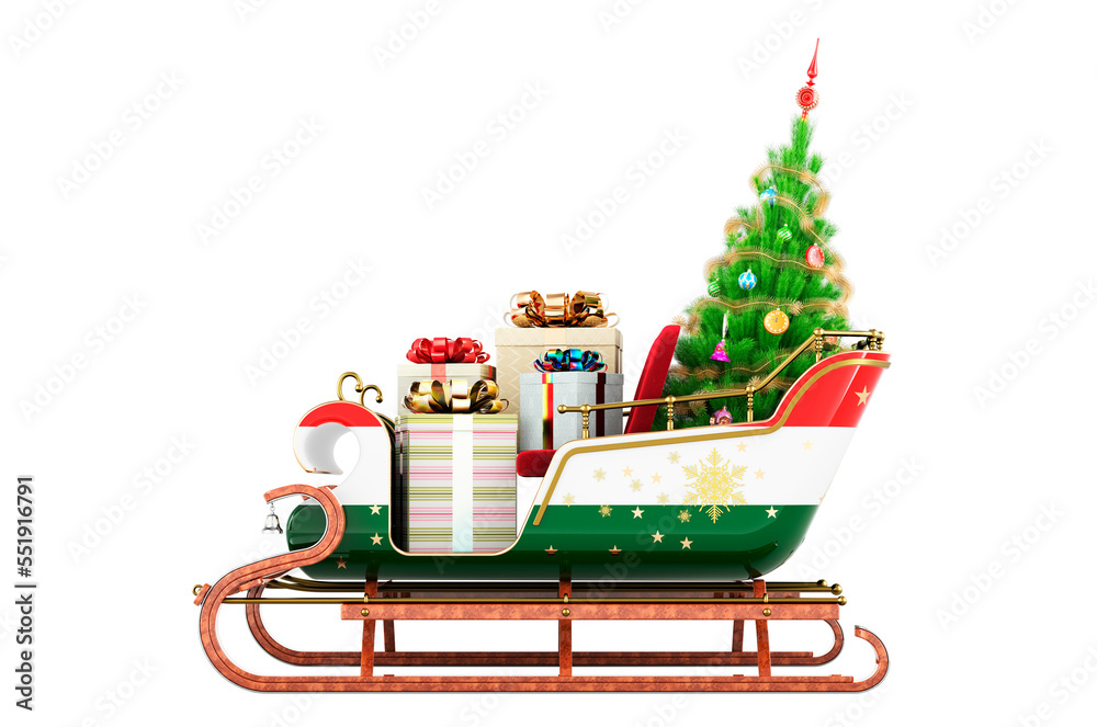 Hungarian flag painted on the Christmas Santa sleigh, full of gifts and Christmas tree. 3D rendering