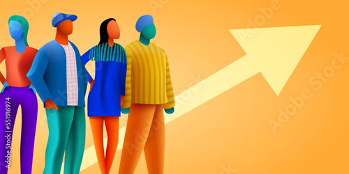 3d people crowd with rising arrow. Population, demographic and sociology concept.
