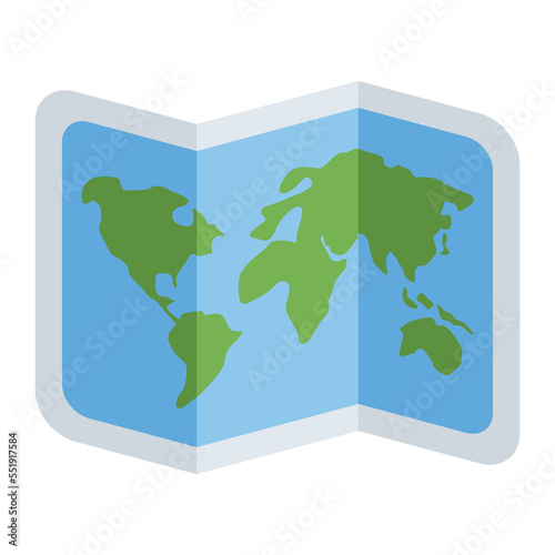 World Map vector flat sticker sign. Isolated design rectangular map of the world. depicted as a paper map creased at its folds, Earth’s surface shown in green on blue ocean.