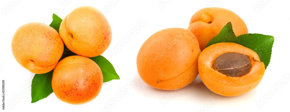 Apricot fruit with leaves isolated on white background,Top view. Flat lay pattern Apricot fruit with leaves isolated on white background,Top view. Flat lay pattern
