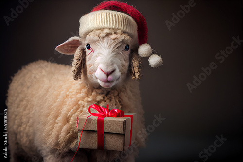 sheep in santa hat with christmas present