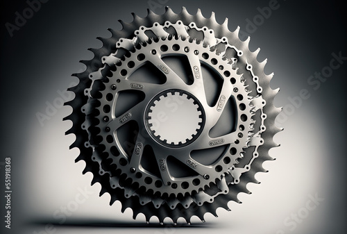 50 teeth of front gear on a road bike. worn out compared to the new cycling equipment. Generative AI