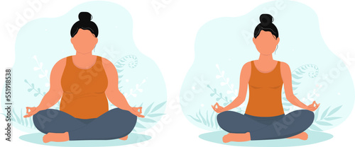 Girls sit in the lotus position doing yoga. A plump woman with excess weight and fat and slim with normal figure. The concept body positivity, proper nutrition and physical activity. Vector graphics.