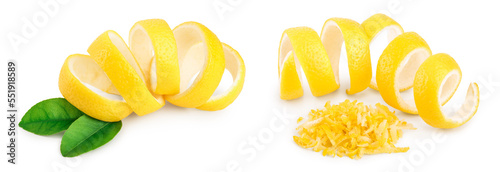 Lemon peel with leaf isolated on white background. Healthy food
