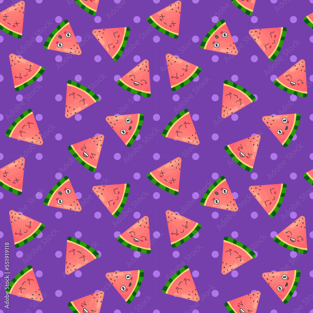 Seamless background with slice watermelons on purple. Pattern with emoji fruits in kawaii style. Vector cartoon wallpaper Seamless background with slice watermelons on purple. Pattern with emoji fruits in kawaii style. Vector cartoon wallpaper