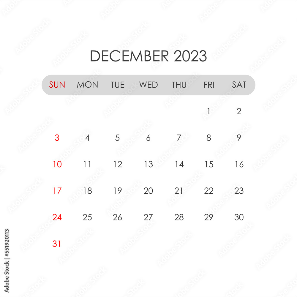 Calendar for December 2023 in a minimalist style. Vector Stock Vector |  Adobe Stock