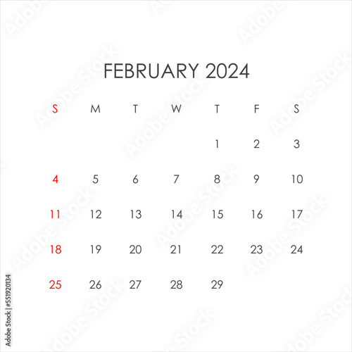 February 2024 calendar in minimalist style. Vector EPS10