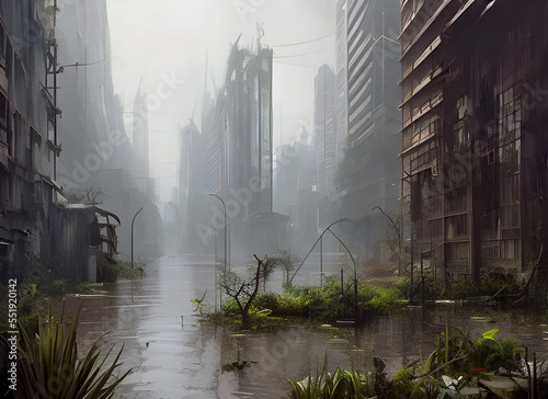 Abandoned futuristic city flooded and overgrown with tropical vegetation, apocalyptic fantasy concept art. generative ai illustration.