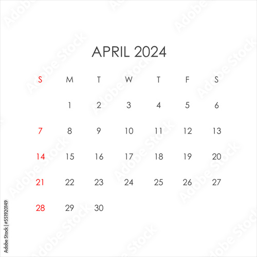 April 2024 calendar in minimalist style. Vector EPS10