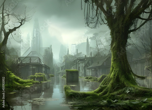 Abandoned city flooded and overgrown with tropical vegetation, apocalyptic fantasy concept art. generative ai illustration.