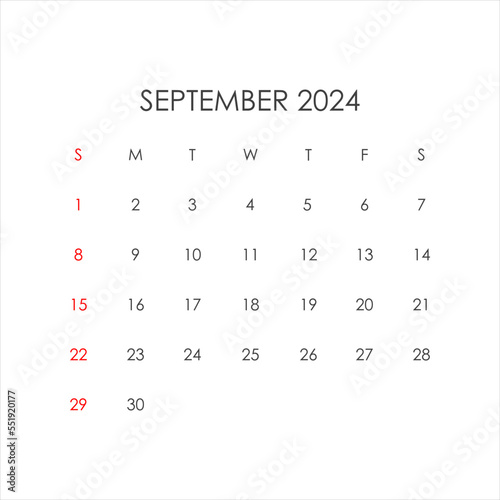 Calendar for September 2024 in a minimalistic style. Vector