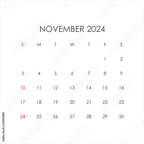 November 2024 calendar in a minimalist style. Vector