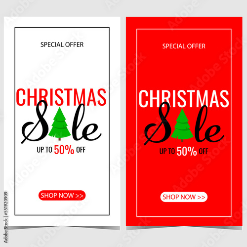 Christmas sale banner for winter shopping and discount season. Vector vertical Christmas sale poster with a pine integrated in sale inscription  with 50 percent of price discount and shop now button.