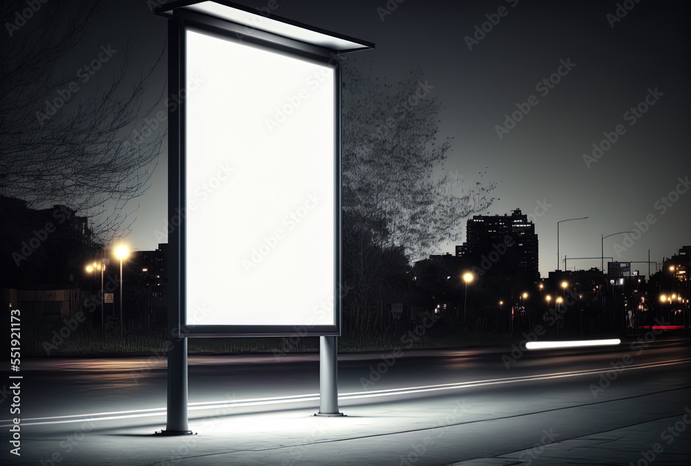 Blank billboard for outdoor advertising poster or blank billboard for marketing at night. a street lamp. Generative AI