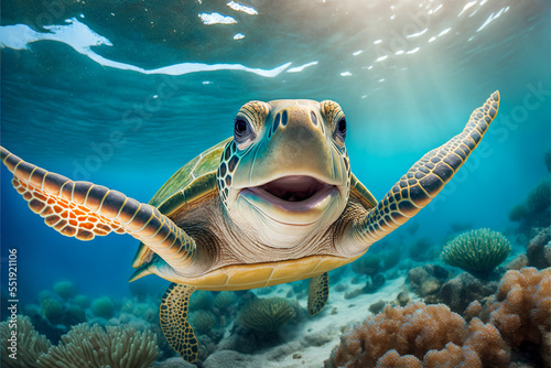 Fotografiet Portrait of a happy sea turtle swimming underwater