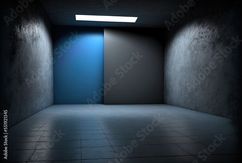 Studio background and floor view of a barren room with a black concrete wall and blue soft lighting. Generative AI © AkuAku