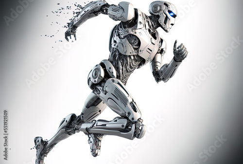 Concept of high speed technology with a robot running on a white background. Generative AI