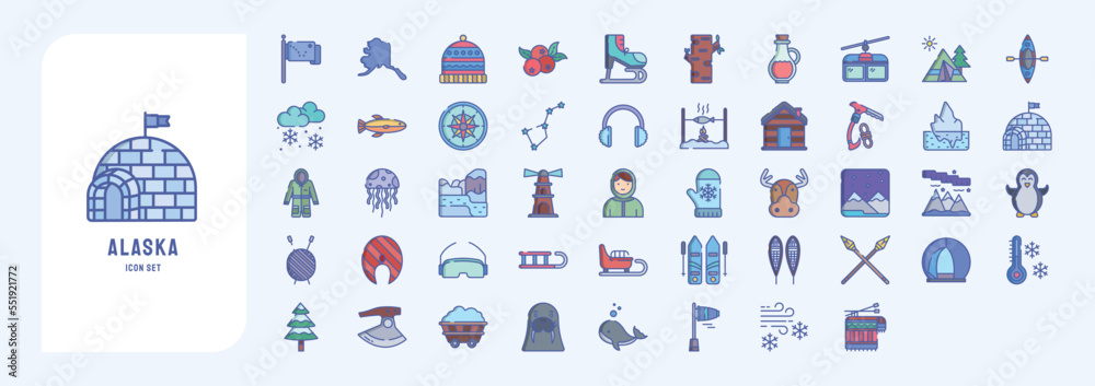 Alaska icon set, including icons like Camping, Snow, Constellation ...