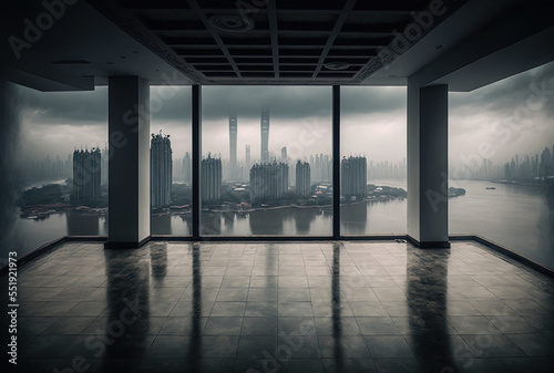 View of the Chongqing cityscape and skyline under a cloudy sky from an empty floor. Generative AI