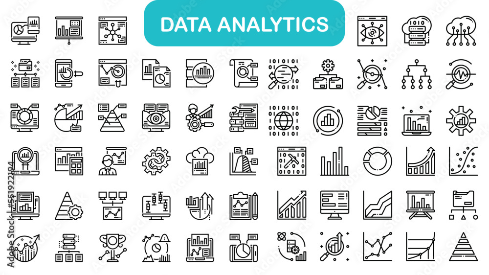Big data analysis thin line icon set. Growth, Data processing outline pictograms for website and mobile app GUI. Digital analytics simple UI, UX vector icons. Lines with editable stroke