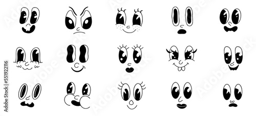 Retro 30s cartoon and comics characters faces. Traditional emotions vector elements. Vintage characters creator for trending illustration.