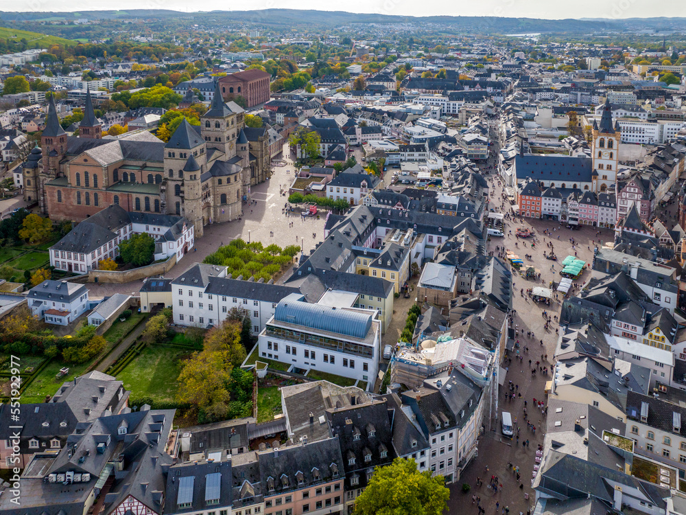Aerial Drone Shot of the City Center in Trier, Rheinland-Pfalz. Autumn day in Famous German city