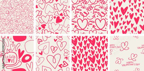 Set of 8 elegant seamless patterns with hand drawn decorative hearts, design elements. Romantic patterns for wedding invitations, greeting cards, scrapbooking, print, gift wrap. Valentines day
