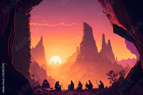 Camping in the canyon, beautiful sunset, outdoors. Made with Generative AI.