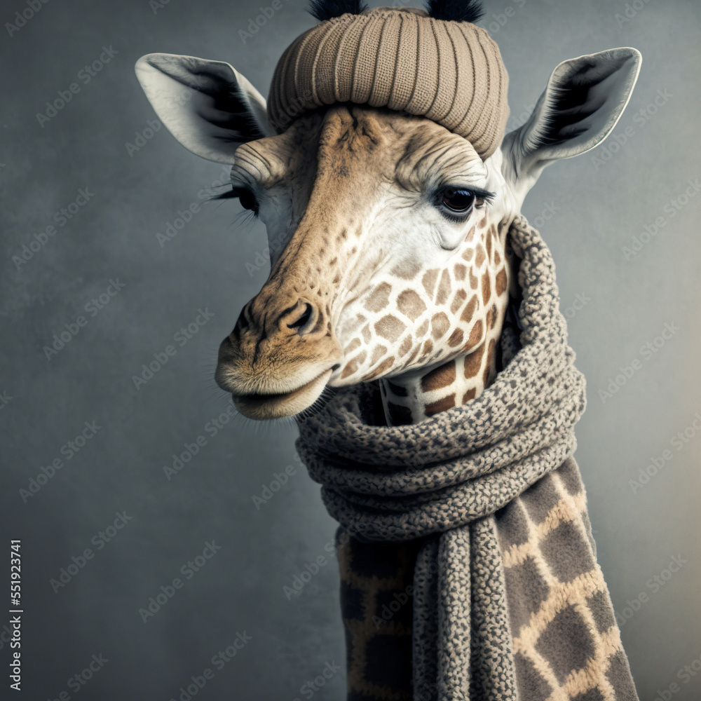 Giraffe wearing a scarf in front of studio background. Generative AI