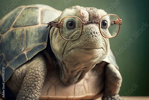 Obraz na płótnie Very old turtle with bad eyesight wearing glasses. Generative AI.
